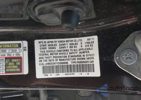 2012 Honda Insight Ex from USA, damaged, VIN JHMZE2H71CS000585